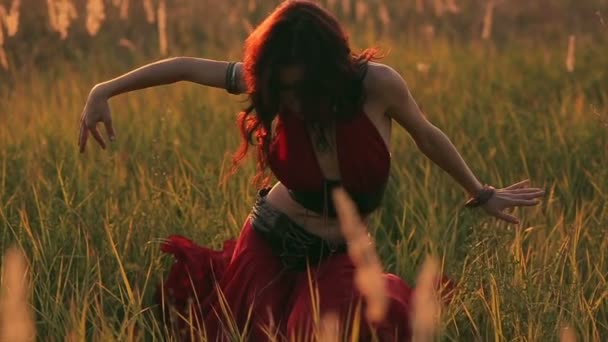 Gypsy dance during the sunset. The long shot. — Stock Video