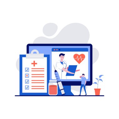 Çevrimiçi tanı konsepti. Çevrimiçi doktor tıbbi danışma ve destek. İniş sayfası için modern düz stil, mobil uygulama, poster, el ilanı, web afişi, bilgi grafikleri, kahraman resimleri.