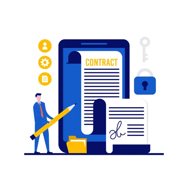 Elektronisch Contract Online Contractconcept Met Karakter Contract Document Ondertekenen Smartphone — Stockvector