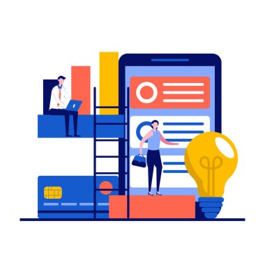 Finansal yönetim ve karakter kavramı. Şirket performansı, analizi, istatistikleri ve iş bildirimi danışmanlığı. İniş sayfası için modern düz stil, mobil uygulama, kahraman resimleri.