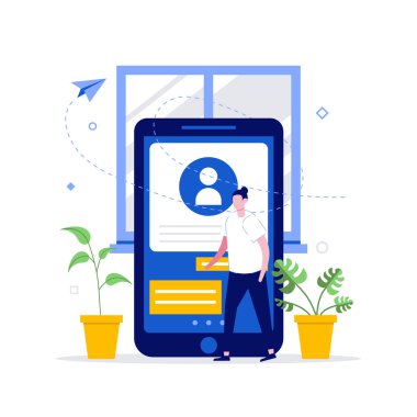 Mobil profil ve karakter analizleri. Ofis başvurusu, müvekkil takım telefonu verileri. İniş sayfası için modern düz stil, mobil uygulama, web pankartı, bilgi grafikleri, kahraman resimleri.