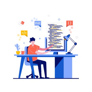 Karakterli serbest programlama kavramı. Profesyonel etkileşim teknik uzmanlarıyla şirketler ve dijital yazılımla bilgisayar. İniş sayfası için modern düz stil, kahraman resimleri.
