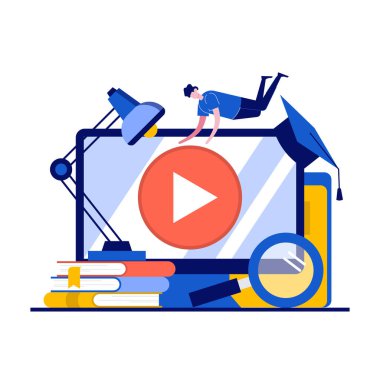 Çevrimiçi öğrenme kavramı. Uzaktan eğitim için uygulama kullanan insanlar, online eğitim. E-öğrenme platformu. Çevrimiçi okul reklamı. İniş sayfası için modern düz stil, kahraman resimleri.