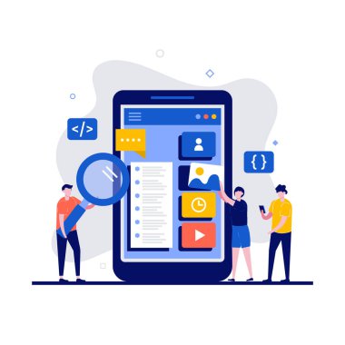 Karakterli UX / UI tasarım konsepti. Programcı mobil bir uygulama için özel bir tasarım oluşturur. İniş sayfası için modern düz stil, mobil uygulama, poster, web afişi, bilgi grafikleri, kahraman resimleri.
