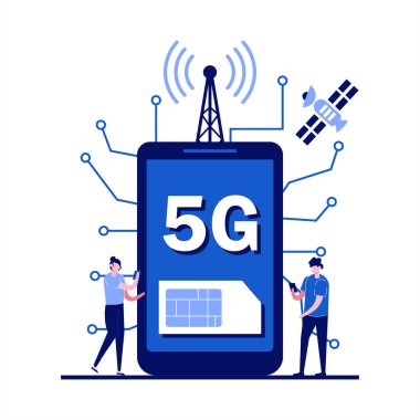 Karakterli 5G ağ kablosuz teknoloji konsepti. Aleti olan insanlar aşırı hızlı 5G internet bağlantısı kullanıyor. İniş sayfası için modern düz stil, mobil uygulama, bilgi grafikleri, kahraman resimleri.