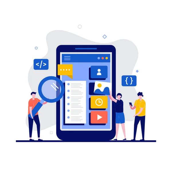 キャラクター付きUx Uiデザインコンセプト プログラマーはモバイルアプリケーション用のカスタムデザインを作成します ランディングページ モバイルアプリ ポスター ウェブバナー インフォグラフィック ヒーロー画像のための現代的なフラットスタイル — ストックベクタ