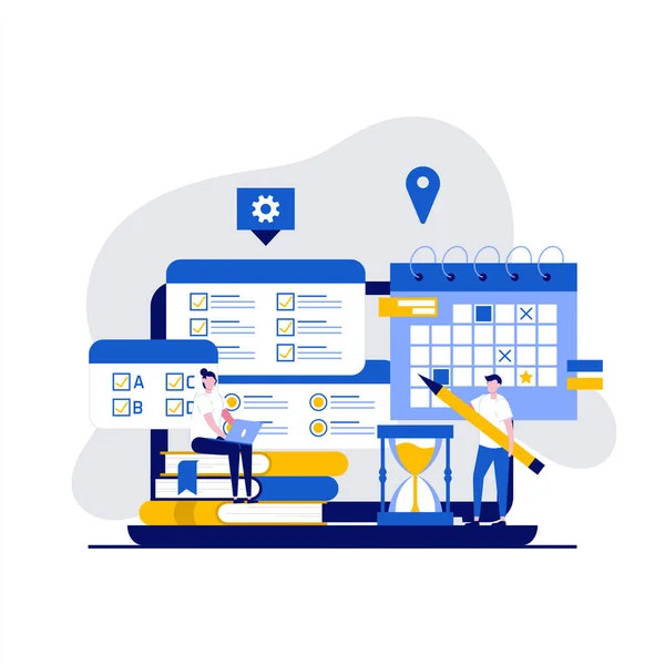 文字とオンライン試験のテストコンセプト オンラインテストフォーム調査やチェックリストにコンピュータアプリを使用している人 ランディングページ モバイルアプリ ウェブバナー インフォグラフィック ヒーロー画像のための現代的なフラットスタイル — ストックベクタ