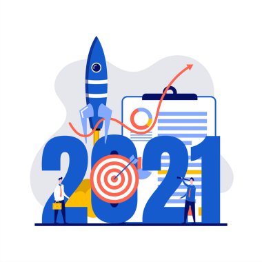 Başarılı bir 2021 yıllık karakter konsepti için finansal fırsatlar. İnsanlar 2021 tarihine, roket ve veriye yakın duruyor. İniş sayfası için modern düz stil, mobil uygulama, bilgi grafikleri, kahraman resimleri.