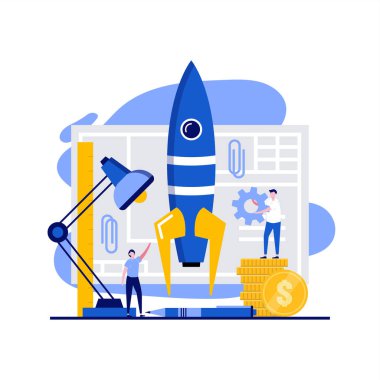 Karakterli takım çalışması konsepti. Çalışanlar kablosuz cihazla iş tartışıyor ve iletişim kuruyor. İniş sayfası için modern düz stil, mobil uygulama, web pankartı, bilgi grafikleri, kahraman resimleri.