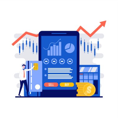 Borsa, karakter ile ticaret kavramları. Bilgisayar ve cihaz ekranında finansal uygulamalar ve hizmetler. İniş sayfası için modern düz stil, mobil uygulama, web pankartı, bilgi grafikleri, kahraman resimleri.