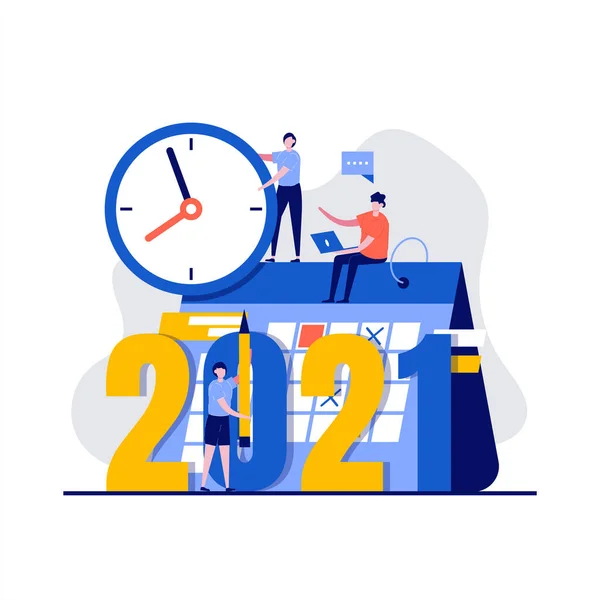 2021 Planungskonzept Mit Charakter Uhr Kalender Arbeitsprojekt Zeitmanagement Terminplanung Jahresmöglichkeiten — Stockvektor