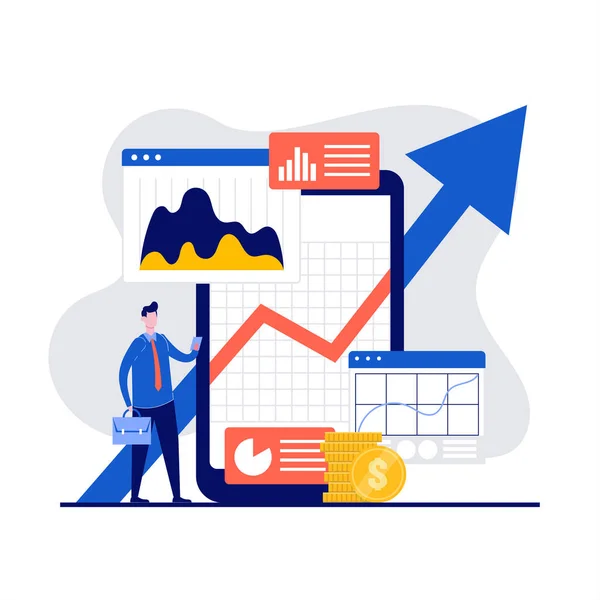 Akıllı telefon uygulaması kullanılarak karakter ile platform konsepti ticareti. Çevrimiçi finansal piyasa analizleri. Kripto para tüccarı. İniş sayfası için modern düz stil, mobil uygulama, kahraman resimleri.