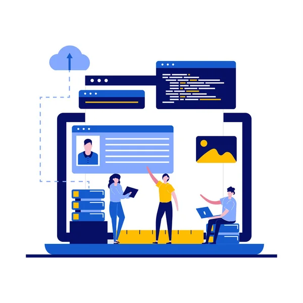 文字を使ったプログラミングとWebデザインのコンセプト 開発チームは コンピュータソフトウェア マルチプラットフォームアプリ UxおよびUiをコーディングします ランディングページ モバイルアプリ インフォグラフィック ヒーロー画像のための現代的なフラットスタイル — ストックベクタ