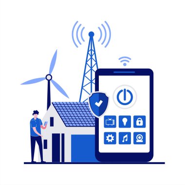 Karakterli akıllı ev kavramı. İnsanlar otomatik sisteme erişmek için akıllı telefon uygulaması kullanıyor. Kablosuz merkezi kontrollü ev teknolojisi sistemi. Yenilikçi teknoloji.