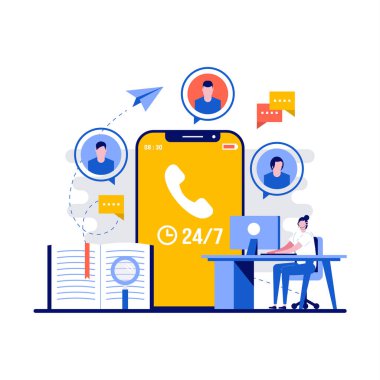 Karakterli müşteri desteği kavramı. Bilgisayarlı teknik destek mühendisi. Çağrı merkezi, yardım hattı, yardım hattı, tele pazarlama işi. İniş sayfası için modern düz çizim.