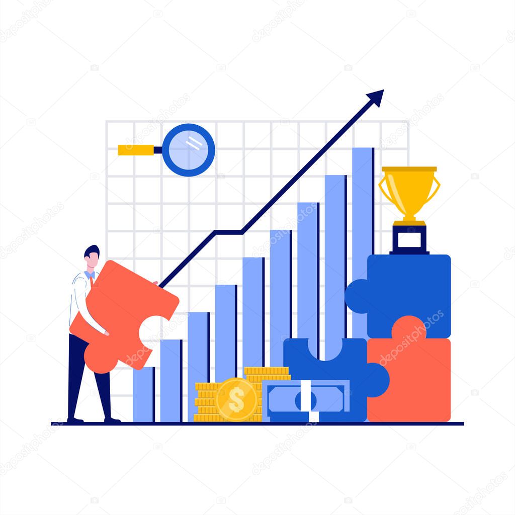 Business growth concept with character. Employee advancing level and positioning progress. Corporate ladder. Modern flat illustration for landing page, infographic, hero image.