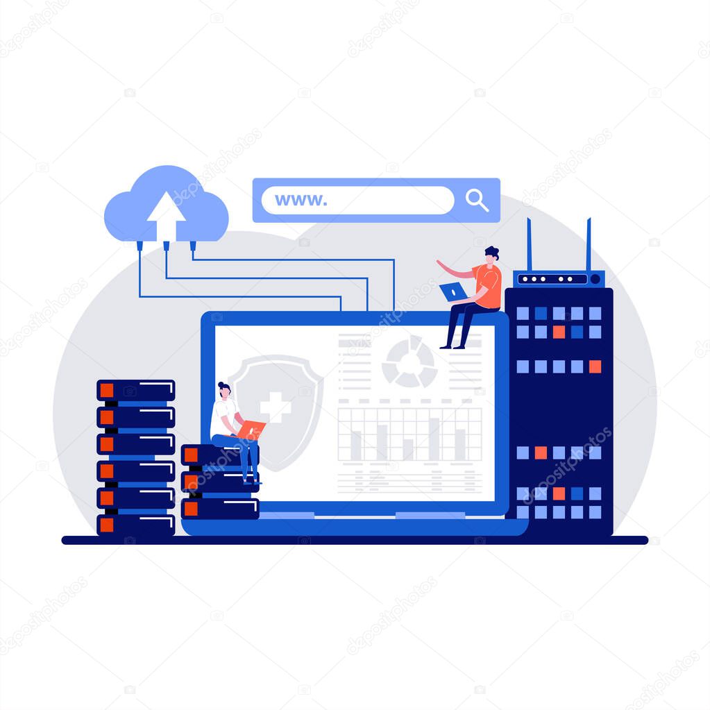Web hosting concept with character. Webhost servers and data storage with users and developers. Website support service. Online database remote access webpage.