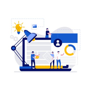 Karakterli programlama ve web tasarımı konsepti. Programcı ve geliştiriciler web sitesi kuruyor. Web sitesi optimizasyonu ve kişiselleştirmesi. İniş sayfası için modern düz illüstrasyon, kahraman resimleri.
