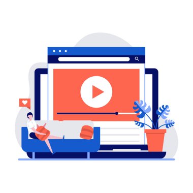 Çevrimiçi video servis konsepti. İnsanlar evde televizyon izleyip video blogu yayınlıyorlar. İnternet filmleri sunuyor. İniş sayfası için modern düz illüstrasyon, bilgi grafikleri, kahraman resimleri.