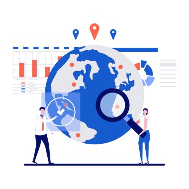 Karakterli piyasa konsepti. İş adamları pazar yerini arıyor. Veri analizi, iş analizleri, pazarlama ölçümleri. İniş sayfası için modern düz illüstrasyon, bilgi grafikleri, kahraman resimleri.