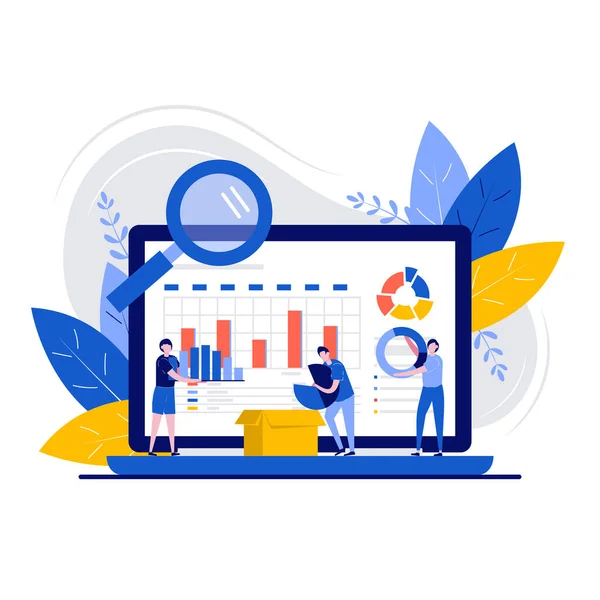 Karakterli veri yönetimi kavramı. İş akışı organizasyonu ve optimizasyonu. Dijital bilgi deposu. İniş sayfası için modern düz illüstrasyon, web pankartı, bilgi grafikleri, kahraman resimleri.