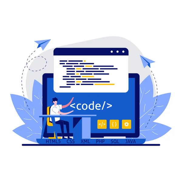 Concepto Desarrollo Web Programación Codificación Con Carácter Programadores Con Ilustración — Archivo Imágenes Vectoriales