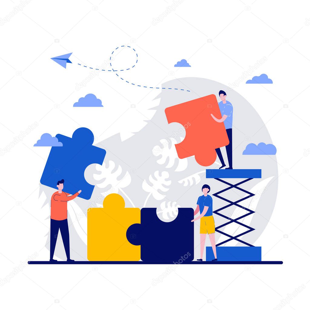Business concept with tiny people connecting puzzle elements. Symbol of teamwork, cooperation and partnership. Modern flat illustration for landing page, web banner, infographics, hero images.