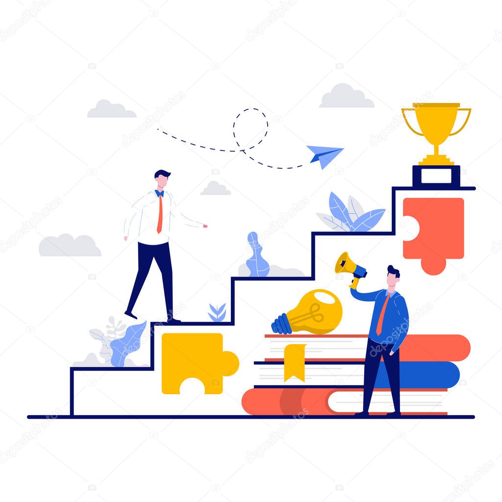 Business coaching and training concept with character. Businessman walking up the stairs to the target. Goal achievement, success, progress, career ladder metaphor.