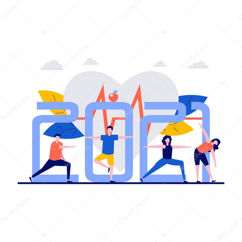 Fitness concept with big 2021 number. Tiny people training and doing workout. Sport banner for landing page or promotion. Modern flat illustration for infographics, hero images.