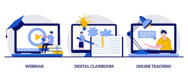 Webinar, dijital sınıf, küçük karakter ve simgelerle çevrimiçi öğretim konsepti. İnternet dersleri soyut illüstrasyon seti. Eğitim web semineri, profesyonel kişisel öğretmenlik hizmeti metaforu.