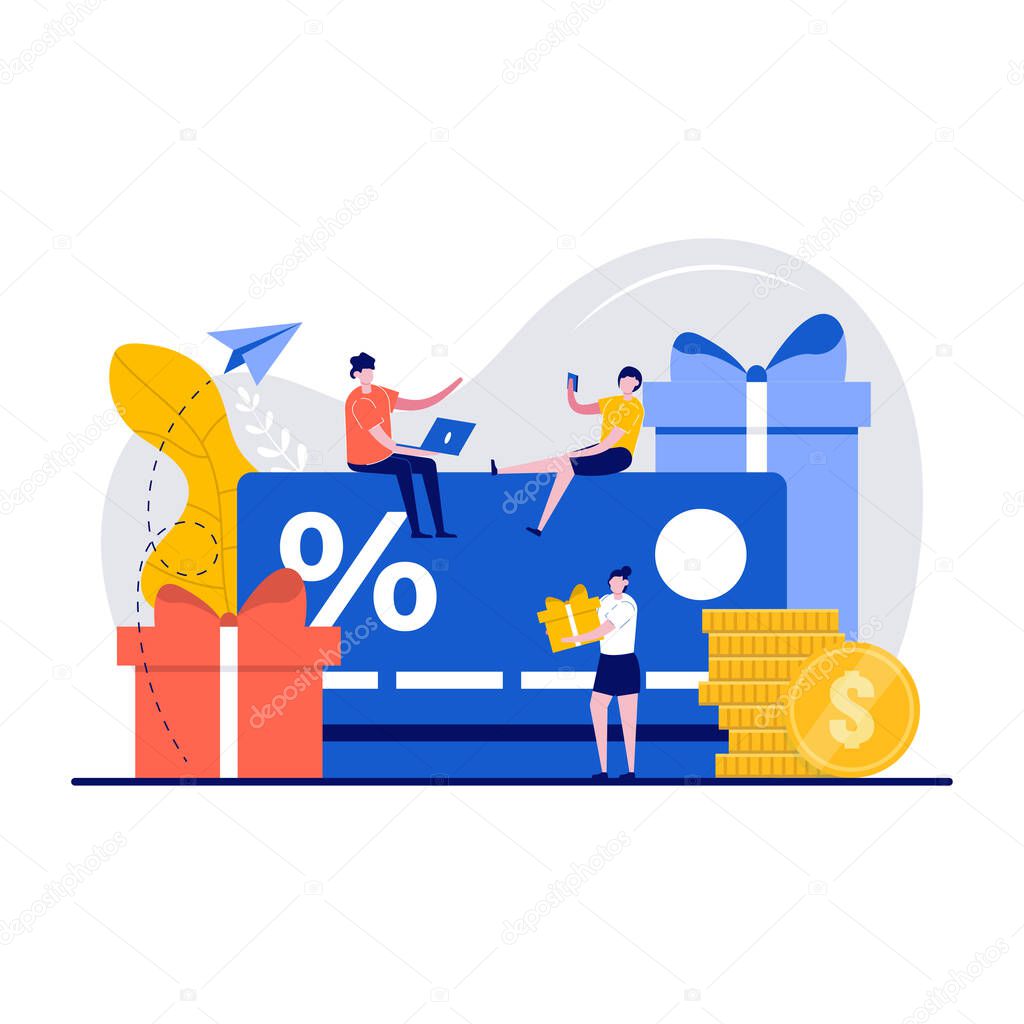 Loyalty marketing program and customer service concept with tiny character. Customers getting gifts and rewards card points for purchases. Vector illustration for sale, bonus, promotion.