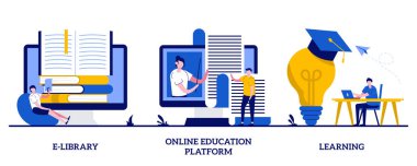 E-kütüphane, çevrimiçi eğitim platformu, küçük insanlarla öğrenme konsepti internet kitapçısı soyut vektör illüstrasyon seti. Uzaktan eğitim dersleri, akademik mezuniyet metaforu.