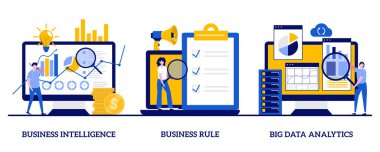 İş zekası, iş kuralları, küçük insanlarla ilgili büyük veri analizi kavramı. Atılgan 'ın stratejik gelişimi soyut vektör illüstrasyon seti. Uygulama yazılımı, veri yönetimi metaforu.