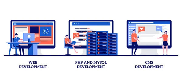 Webontwikkeling Php Mysql Cms Content Management Systeem Met Kleine Mensen — Stockvector