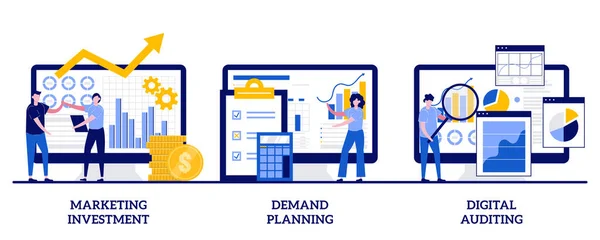 マーケティング投資 需要計画 小規模な人々とのデジタル監査の概念 抽象的なベクトル図セットの会計 事業計画 財務管理 デジタル販売 収益メタファー — ストックベクタ