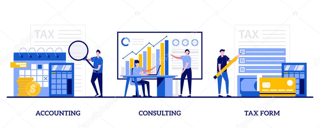 Accounting, consulting, tax form concept with tiny people. Financial information abstract vector illustration set. Tax filing, audit service, online application software, business strategy metaphor.