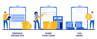 Kişisel gelir vergisi, vergilerini düzenleme, küçük insanlarla vergi konsepti. Ücretler soyut vektör illüstrasyon seti öder. Finansal ücret, zorunlu ödeme hesaplama metaforu.