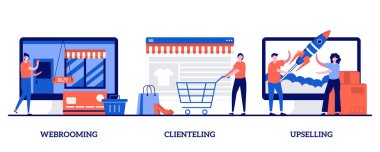 Ufak tefek insanlarla süpürge yapma, müşteri bulma, çok satan konsept. Alışveriş davranışı soyut vektör çizimi seti. Dijital mallar araştırması, müşteri sadakati, müşteri motivasyonu, ürün çevrimiçi metaforu.