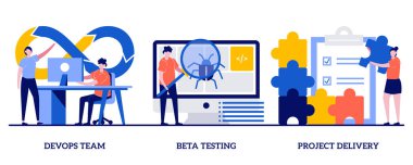 DevOps takımı, beta testleri, küçük insanlarla proje dağıtımı konsepti. Yazılım geliştirme ve teknoloji analizi soyut vektör illüstrasyon seti. Takım çalışması, kalite güvencesi metaforu.