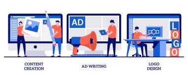 İçerik yaratma, reklam yazma, küçük insanlarla logo tasarımı konsepti. Dijital pazarlama, soyut vektör illüstrasyon seti. Günlük paylaşımı, viral sosyal medya, şirket web sitesi, istemci metaforu.