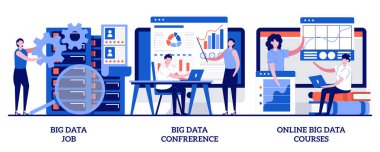 Büyük veri işi, büyük veri konferansı, küçük insanlarla online büyük veri kursları konsepti. Yedek sunucu teknisyeni soyut vektör çizimi seti. Bilgi yönetimi uzmanları metaforla karşılaştı.
