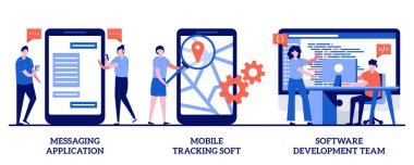 Mesajlaşma uygulaması, mobil takip yumuşak, yazılım geliştirme ekibi konsepti küçük insanlarla. Akıllı telefon uygulaması soyut vektör illüstrasyon seti. Sohbet uygulaması, GPS izleme metaforu.