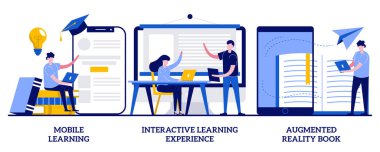 Mobil öğrenme, interaktif öğrenme deneyimi, küçük insanlarla geliştirilmiş gerçeklik kitabı konsepti. E-öğrenme platformu vektör çizimi. M-öğrenme uygulaması, dijital içerik metaforu.