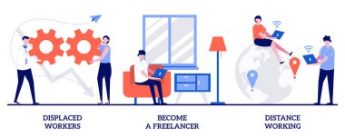 Yerinden edilmiş işçiler, bağımsız olmak, küçük insanlarla mesafeli çalışma kavramı. İşsizlik ve uzak iş olanakları vektör illüstrasyonu ayarlandı. Çevrimiçi girişimcilik, dijital göçebe metaforu.