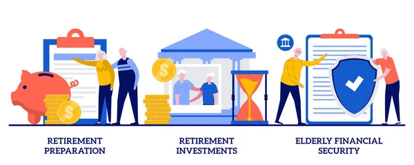 Rentenvorbereitung Geldanlagen Und Finanzsicherheitskonzept Für Senioren Mit Kleinen Leuten Ruhestand — Stockvektor