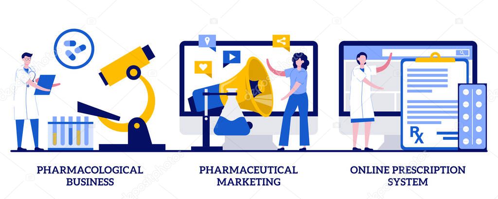 Pharmacological business, pharmaceutical marketing, online prescription system concept with tiny people. Pharmacological internet service development and promotion metaphor.
