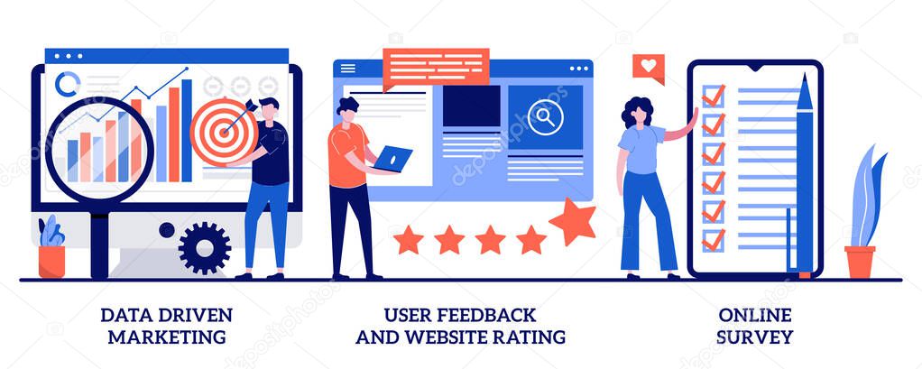 Data driven marketing, user feedback and website rating, online survey concept with tiny people. Customer behavior analysis vector illustration set. User data, marketing research tool metaphor.
