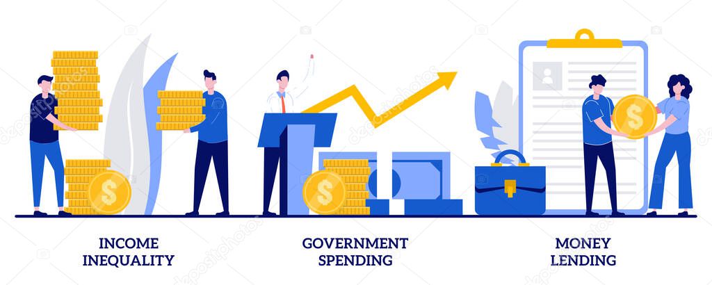 Income inequality, government spending, money lending concept with tiny people. Money distribution abstract vector illustration set. Salary gap, country budget, bank credit, individual loan metaphor.