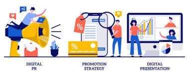 Dijital PR, promosyon stratejisi, küçük insanlarla dijital sunum konsepti. Çevrimiçi pazarlama kampanyası vektör illüstrasyonu seti. İtibar yönetimi, müşteri sadakati, marka farkındalığı metaforu.