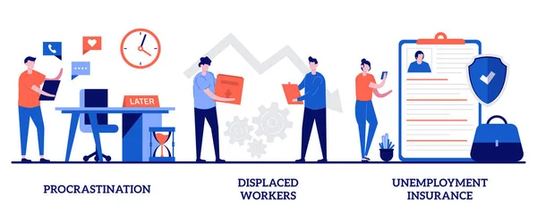 Förhalning Tvångsförflyttade Arbetstagare Arbetslöshetsförsäkring Med Små Människor Avslutande Vektor Illustration — Stock vektor